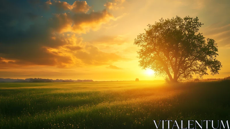 Sunset light passes through solitary tree on open grassland