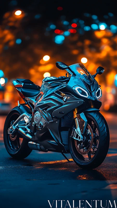 Sport motorcycle rendered in neon bokeh night street lighting