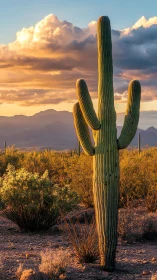Golden desert sunset embracing a solitary saguaro cactus.
