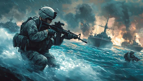 Naval special forces advance through stormy warzone seas.