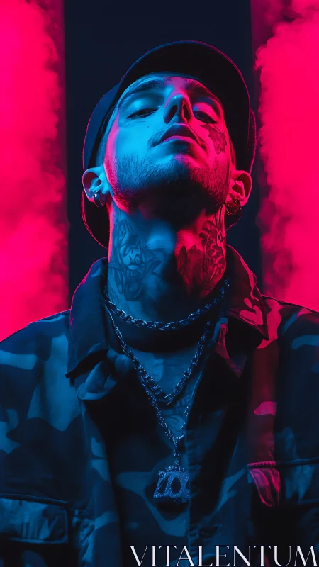 Bicolor neon portrait with tactical attire and vapor plumes.