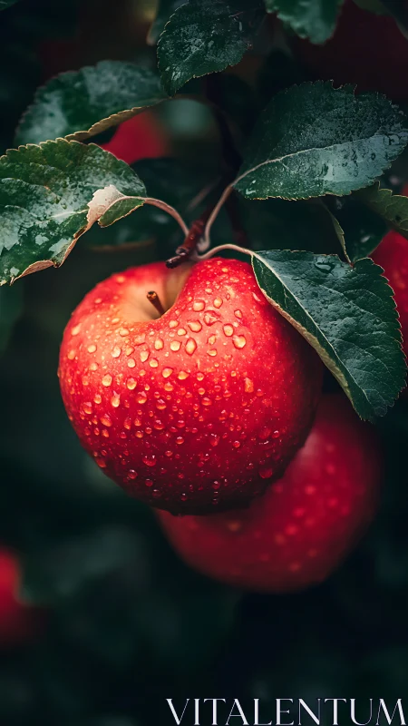 Ripe red apple with water droplets in moody orchard light.