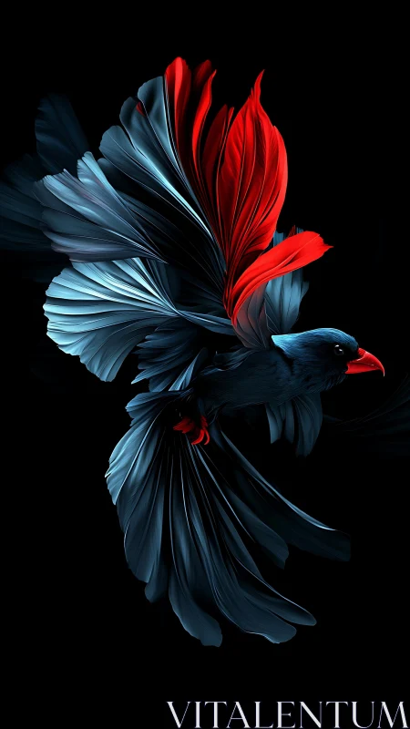 Crimson blue bird unfolds sculpted wings in darkness.