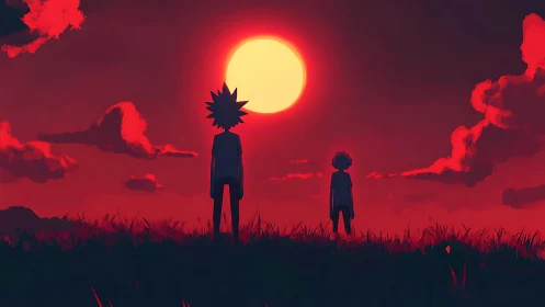 Crimson sunset walk with two quiet silhouettes pausing.