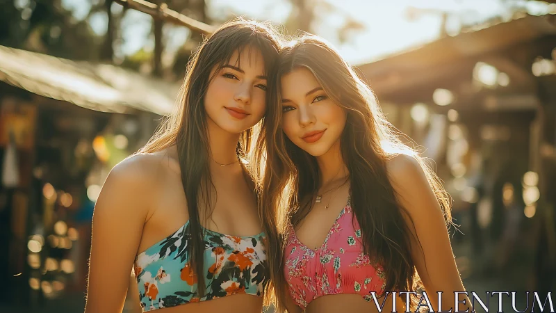 Two sunlit friends share a warm summer moment outdoors