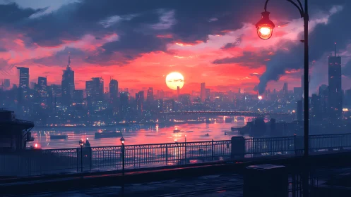 Digital city skyline shows sunset over river and bridge