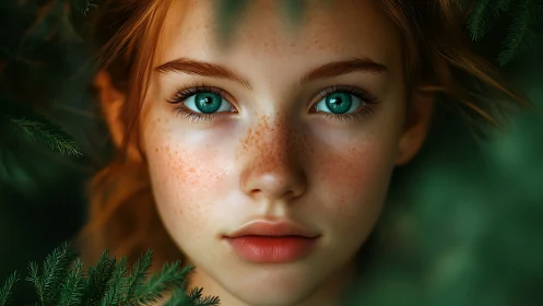 Hyperreal portrait of freckled girl framed by forest foliage