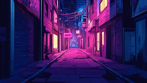 Neon illuminated urban alleyway with stylized architecture.