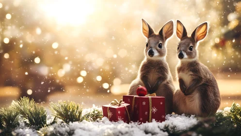 Two small kangaroos sit by gift boxes in snowy decoration