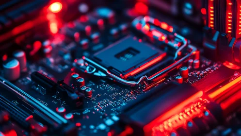 LGA processor socket on RGB-lit motherboard in macro detail.