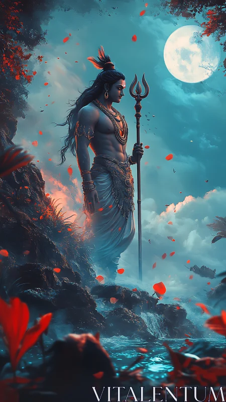 Mythic warrior stands by moonlit stream under falling petals
