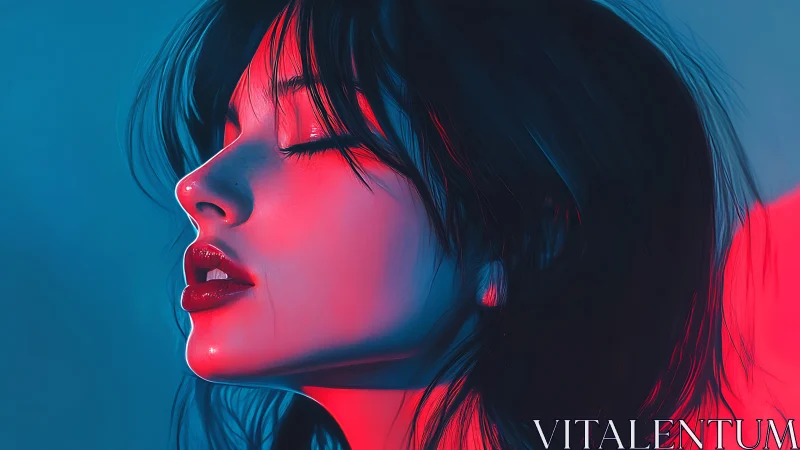 Neon-lit female profile in cinematic red and cyan glow.