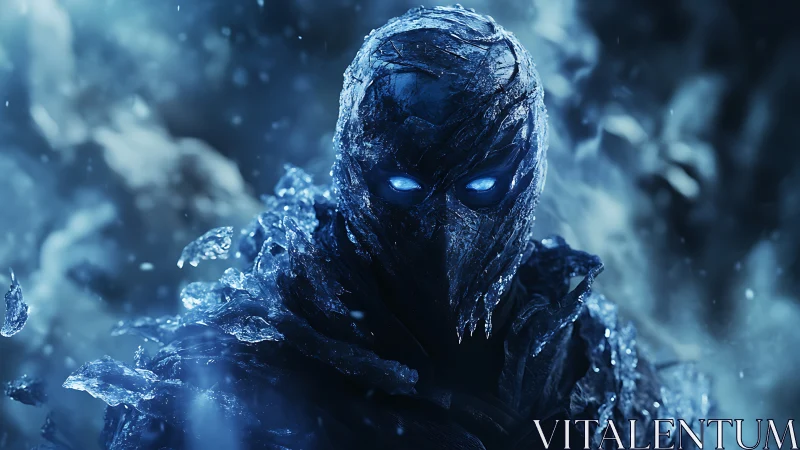 Frozen wraith knight erupts from blizzard with burning eyes.