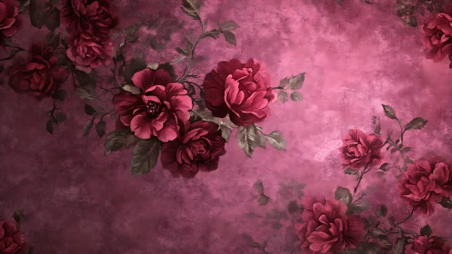 Vintage Botanical Composition With Layered Rose Petals In Deep Magenta Chromatic Field.
