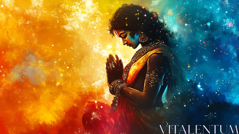 Divine woman in prayer amid fiery and cosmic colors.