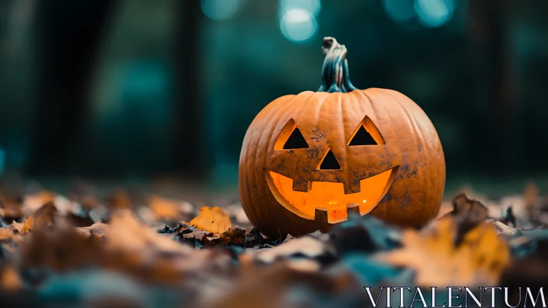 Low-angle jack-o'-lantern with shallow depth of field in autumn forest