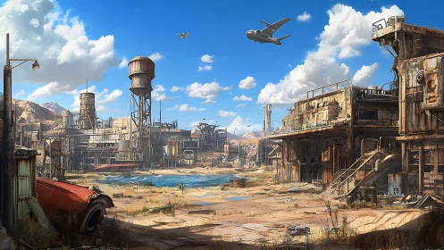 Sunlit desert outpost where rusted ruins still remember flight.