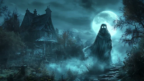Moonlit wraith drifts from crooked mansion of whispered dread.