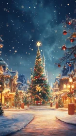 Snowlit Christmas avenue crowned by a storybook tree.