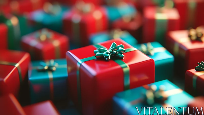 Dense array of glossy gift boxes with shallow depth-of-field focus