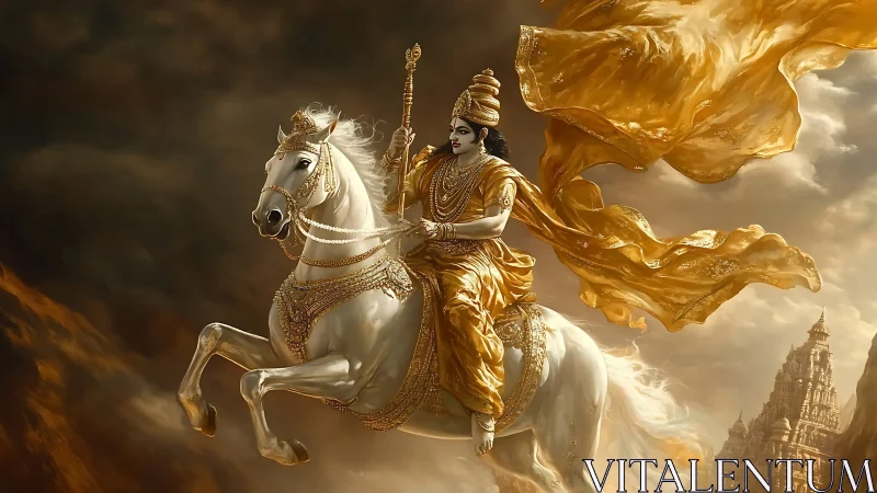 Golden warrior astride storm-lit steed above temple spires.