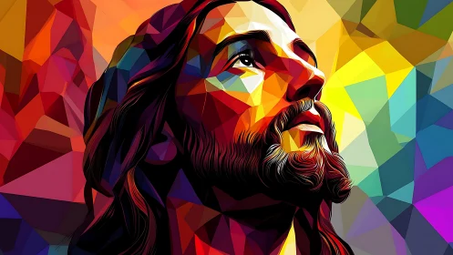 Prismatic sacred portrait bathed in radiant geometric light.