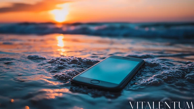 Sunset-tide smartphone quietly surrendering to the sea.