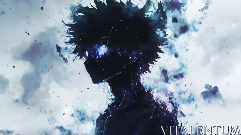 Shadowed energy figure dissolves into swirling cosmic mist.