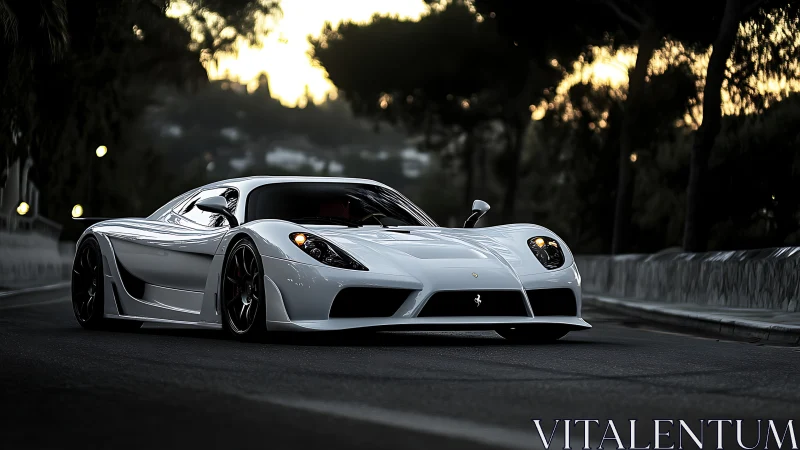 Sunset cruise welcomes a sleek white supercar in motion