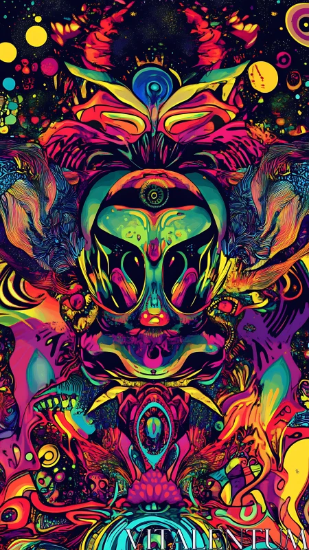 Psychedelic alien face in vivid symmetrical abstract art.