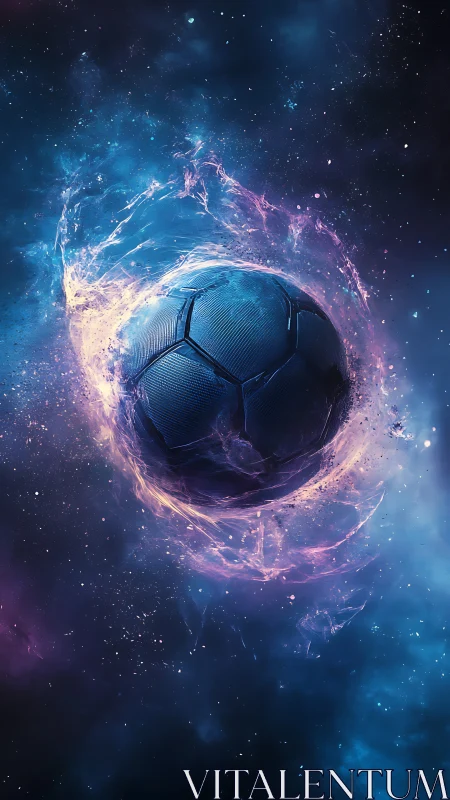 Soccer ball floats in glowing blue and purple cosmic nebula