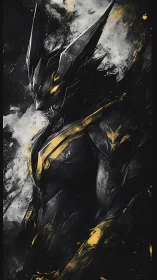 Shadowed armored creature glows with fierce golden power