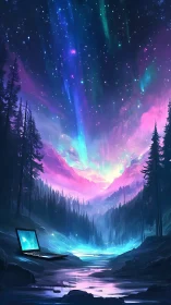 Aurora data stream over neon valley and dreaming laptop.