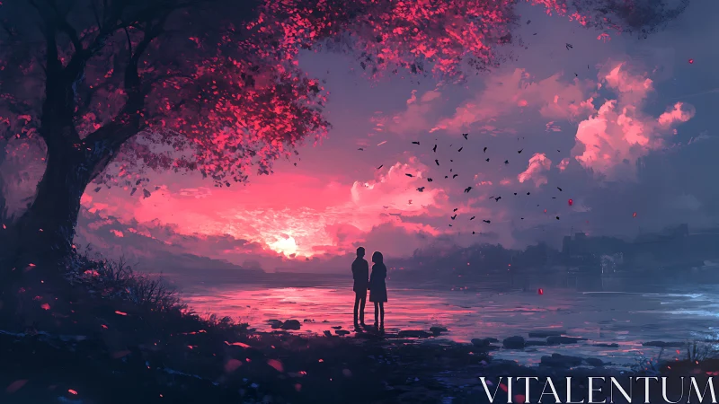 Silhouetted couple observe magenta sunset over reflective lake