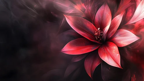 Red floral digital abstraction on dark diffuse background.
