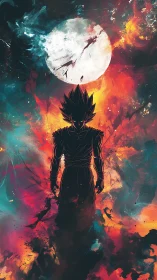 Silhouetted warrior under lunar backlight amid explosive nebula