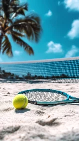 Tropical tennis daydream with sandy court and azure sky.