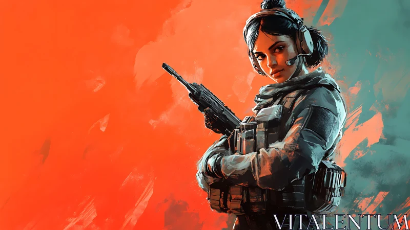 Defiant female soldier against split neon battlefield backdrop.