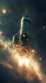 Photorealistic vertical starship launch in deep space perspective.