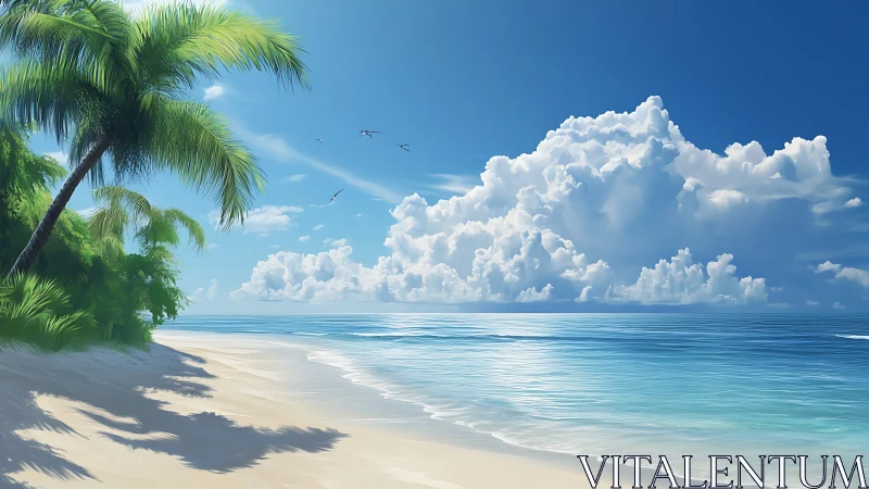 Tropical Paradise Beach with Palm Trees and Fluffy Clouds.