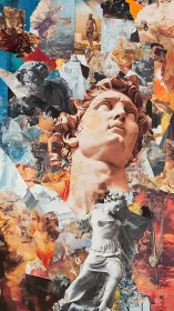 Classical marble statues in fragmented digital collage storm.