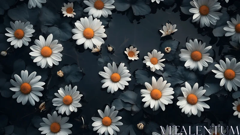Floating Chamomile Blooms Against Dark Teal Water Background.