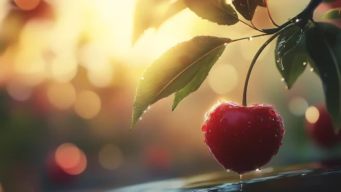 Sunlit heart-shaped cherry glowing in gentle morning dew.