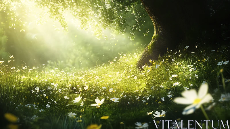 Sunlit wildflower meadow glows beneath ancient forest tree.