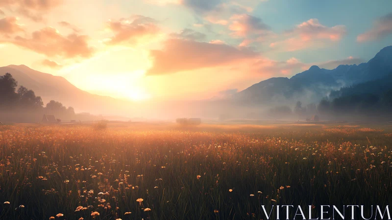 Soft sunrise over misty meadow and distant mountains.