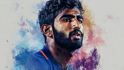 Brushstroke portrait of focused athlete in swirling color haze.