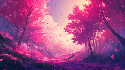Luminous Forest Path Bathed in Magenta Glow.