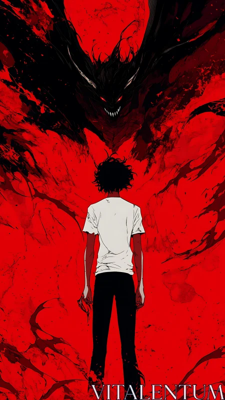 Silhouetted boy confronts looming demonic shadow in red void