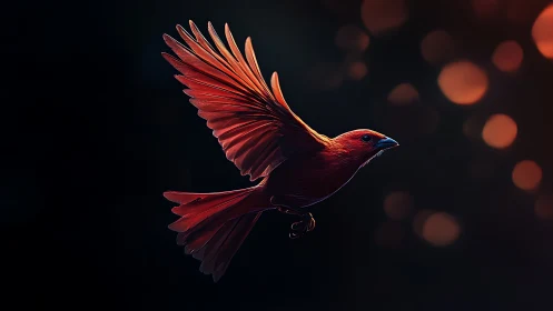 Scarlet bird in mid-flight rendered with cinematic rim lighting