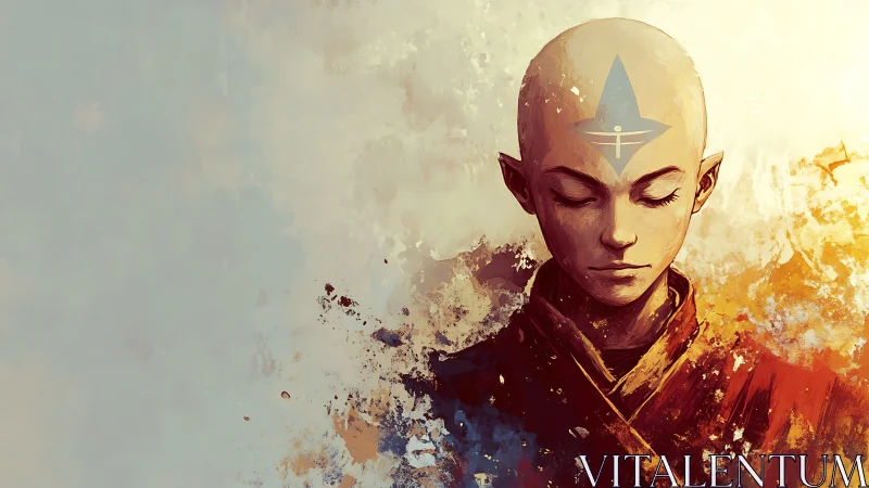 Monk portrait with glowing symbol amid abstract fire calm.